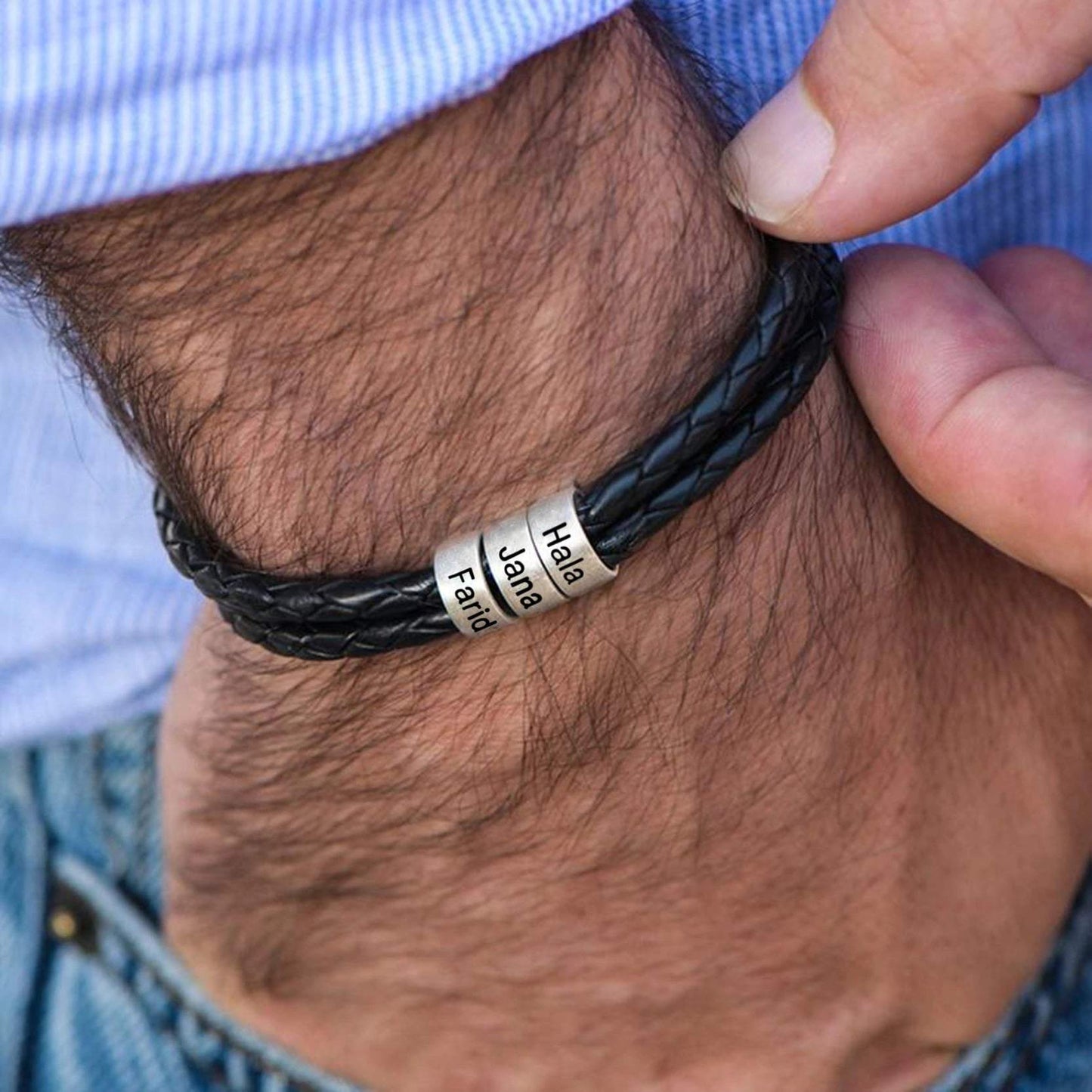 LOANYA Lederarmband für Herren mit personalisierten Beads in Silber Loanya Schwarz 17 cm