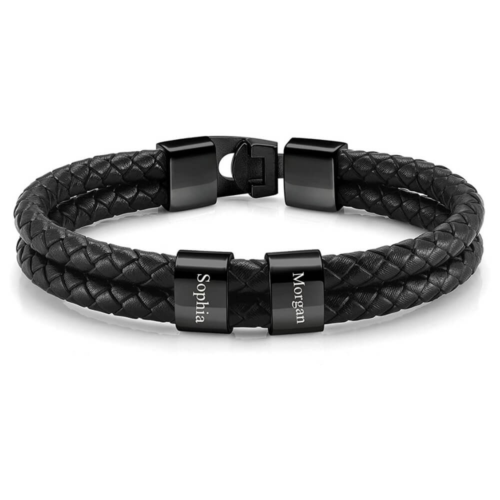 LOANYA Lederarmband mit gravierten Beads Loanya Schwarz 19 cm