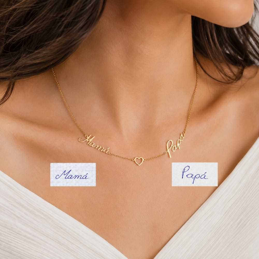 Collar con escritura a mano, 2 nombres y corazón